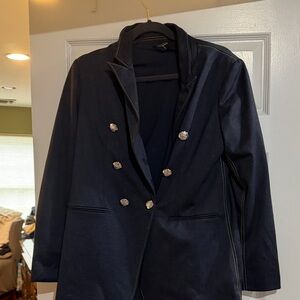 Tahari Dark Navy Double-Breasted Blazer with Decorative Buttons